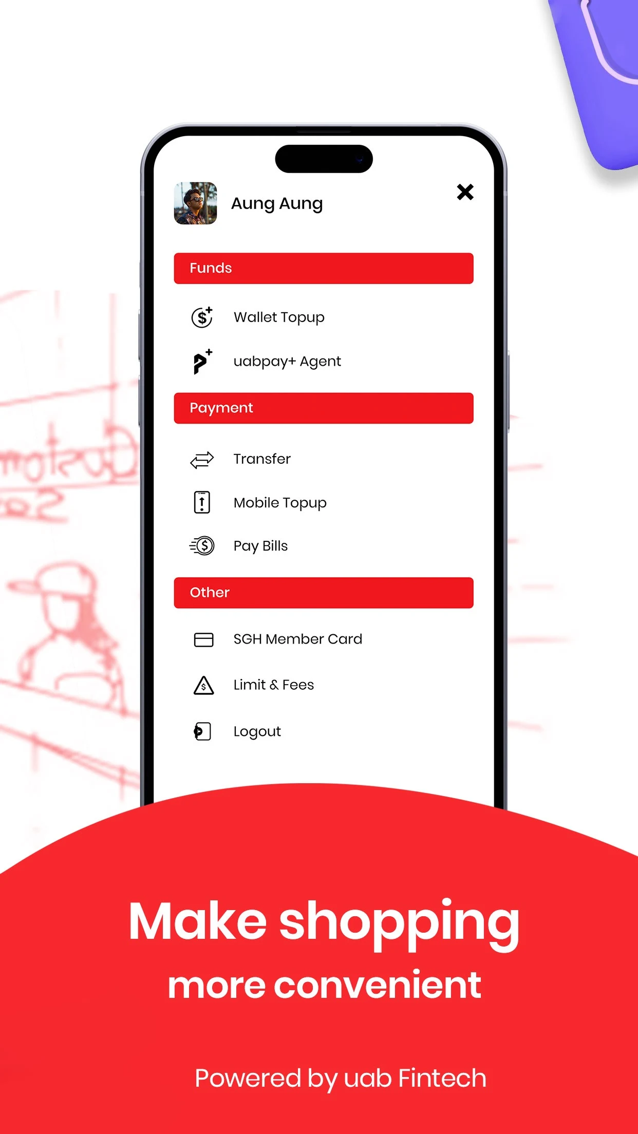 SGH Plus menu with wallet top up, transfer and member card